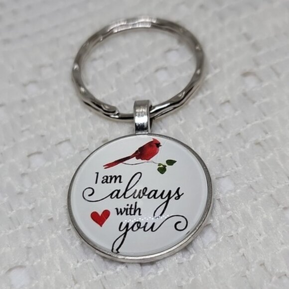 I Am Always With You Keychain Cardinal Design Glass Pendant White Black OS - Picture 5 of 9